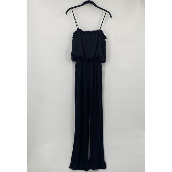 Vintage 70s Wide Leg Jumpsuit Strappy Blouson Bodice High Waist Black Womens M - Picture 4 of 7